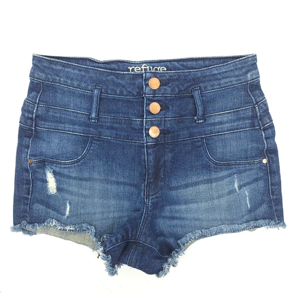 Refuge Denim Jean Shorts Size 2 Button Zip Stretch Cut Offs Dark Wash Distressed